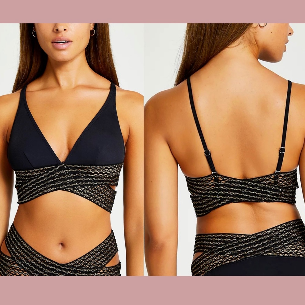 NEW River Island [ 2 ] Elastic‎ Wrap High Apex Bikini Top in Black/Gold